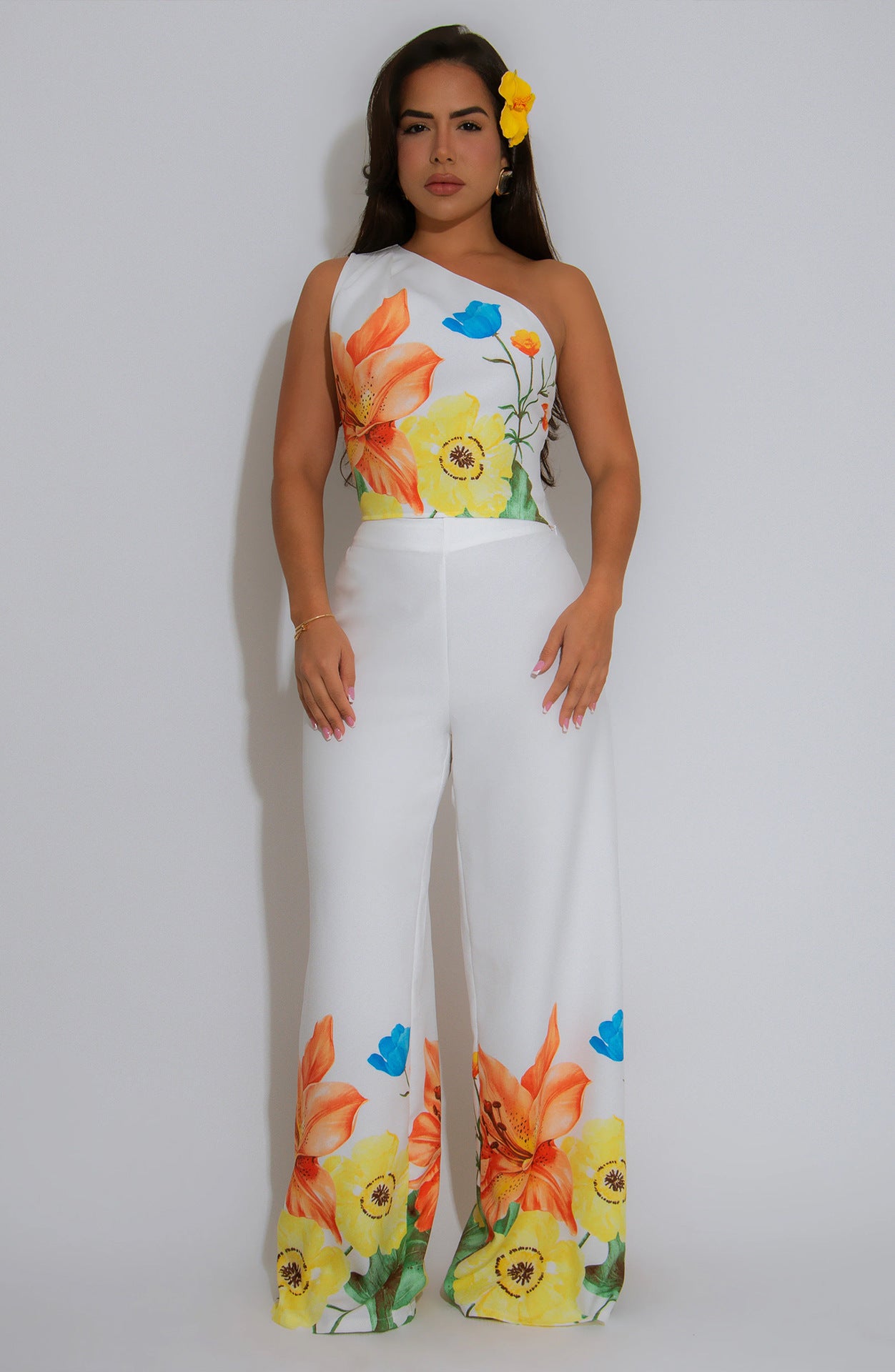 LADIES TWO PIECEONE SHOULDER TOP & PANTS SET WHITE-PINK / WHITE-YELLOW (SIZE S - 3XL)