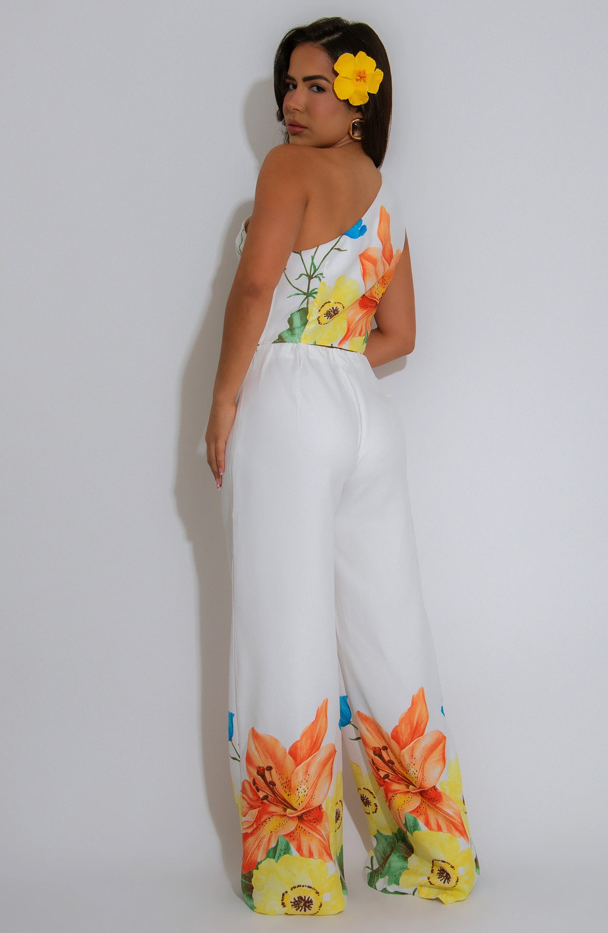 LADIES TWO PIECEONE SHOULDER TOP & PANTS SET WHITE-PINK / WHITE-YELLOW (SIZE S - 3XL)