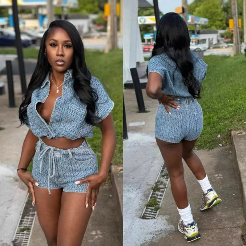 LADIES TWO PIECE TOP & SHORTS SET BLUE DENIM (SIZE S - 2XL)