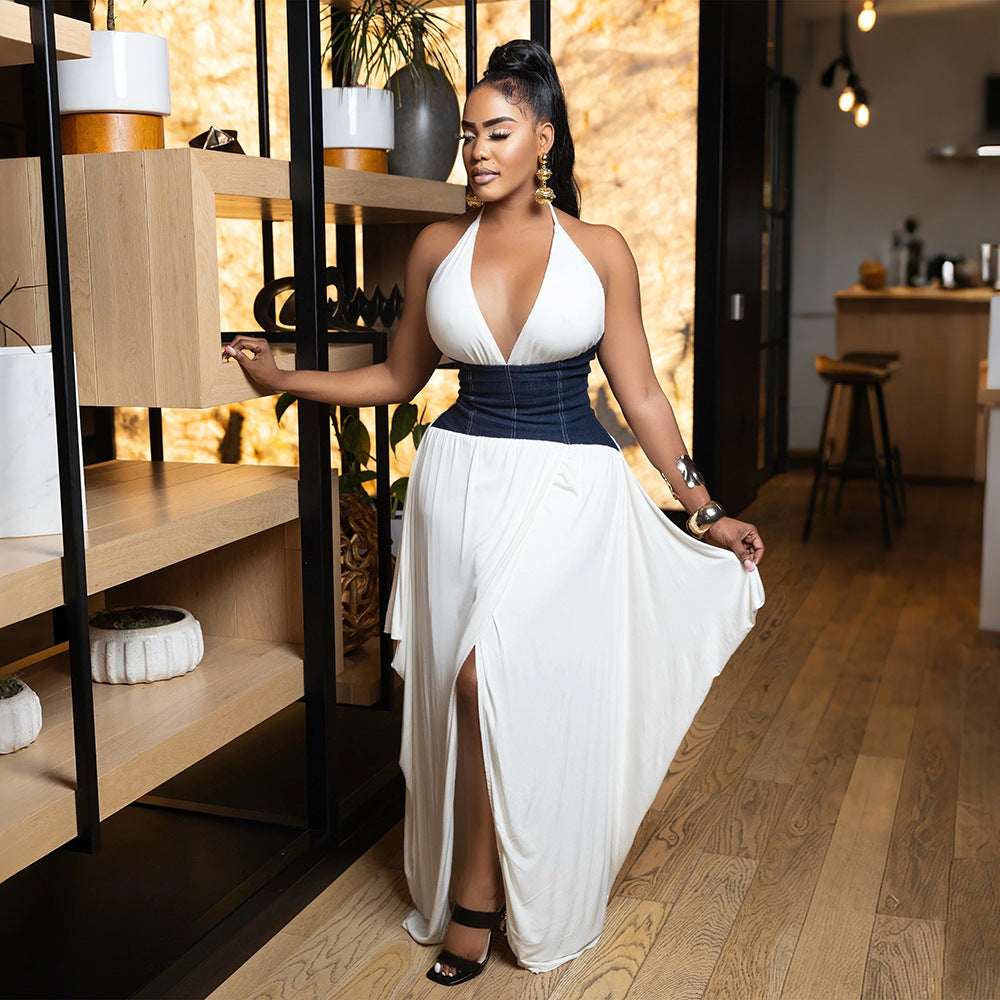 LADIES V-NECK LONG DRESS WHITE / BROWN (SIZE S - 2XL)