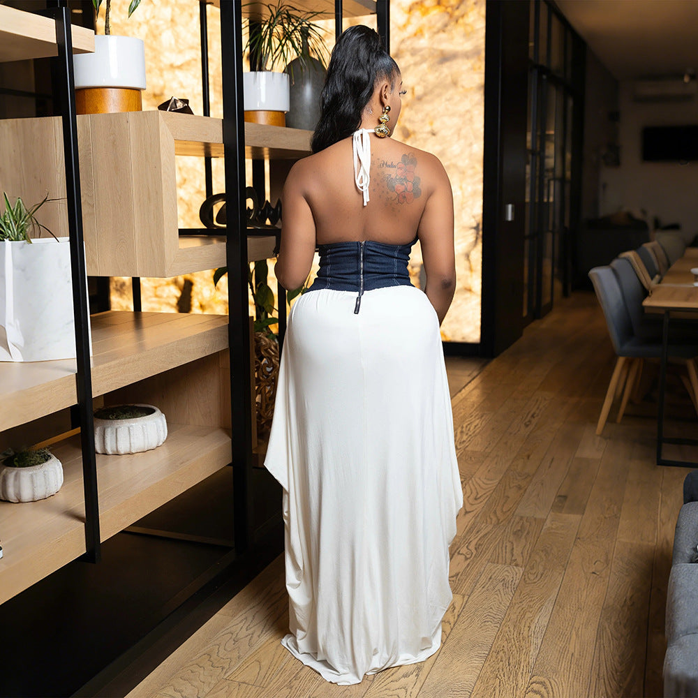 LADIES V-NECK LONG DRESS WHITE / BROWN (SIZE S - 2XL)