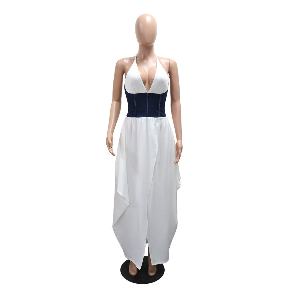 LADIES V-NECK LONG DRESS WHITE / BROWN (SIZE S - 2XL)