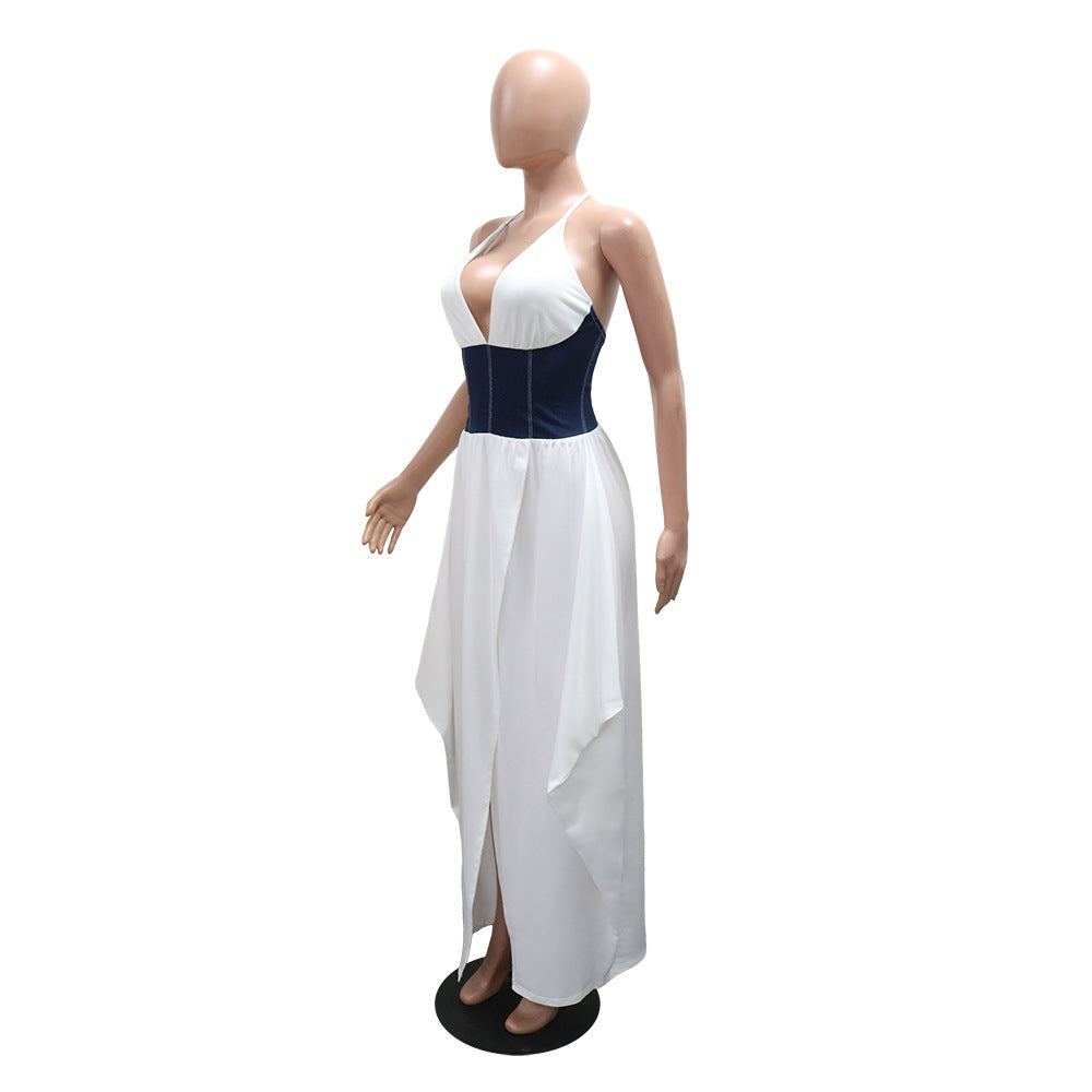 LADIES V-NECK LONG DRESS WHITE / BROWN (SIZE S - 2XL)