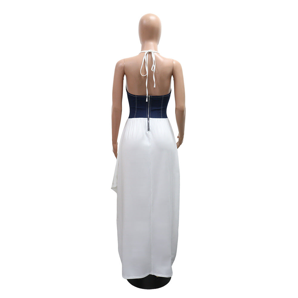 LADIES V-NECK LONG DRESS WHITE / BROWN (SIZE S - 2XL)