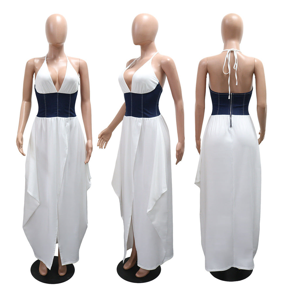 LADIES V-NECK LONG DRESS WHITE / BROWN (SIZE S - 2XL)