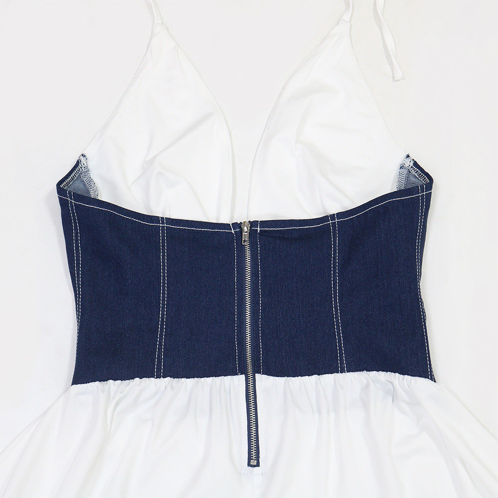 LADIES V-NECK LONG DRESS WHITE / BROWN (SIZE S - 2XL)
