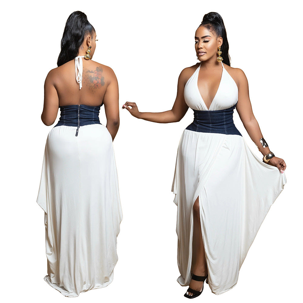 LADIES V-NECK LONG DRESS WHITE / BROWN (SIZE S - 2XL)