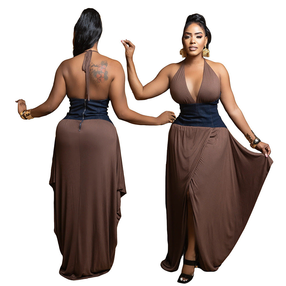LADIES V-NECK LONG DRESS WHITE / BROWN (SIZE S - 2XL)