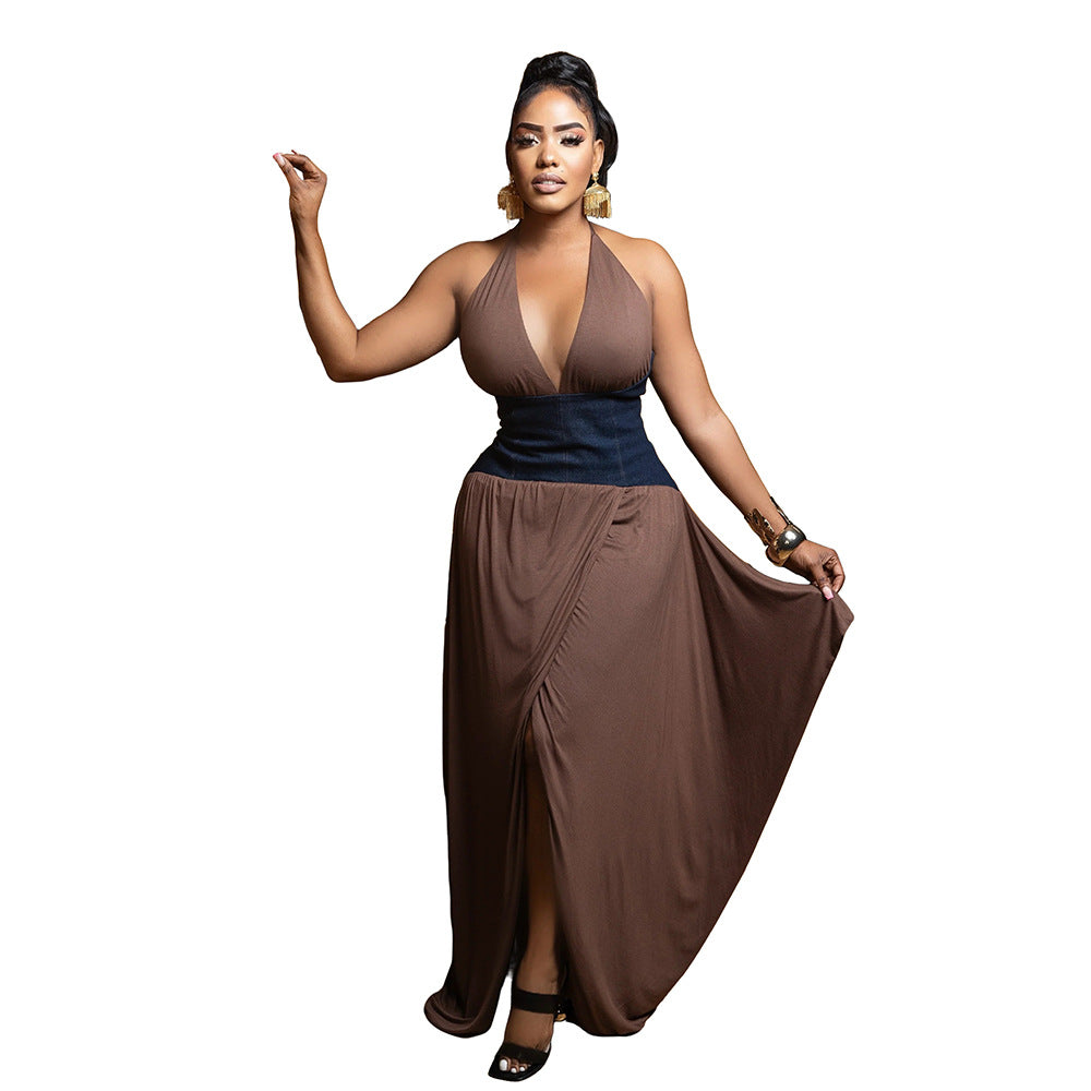 LADIES V-NECK LONG DRESS WHITE / BROWN (SIZE S - 2XL)