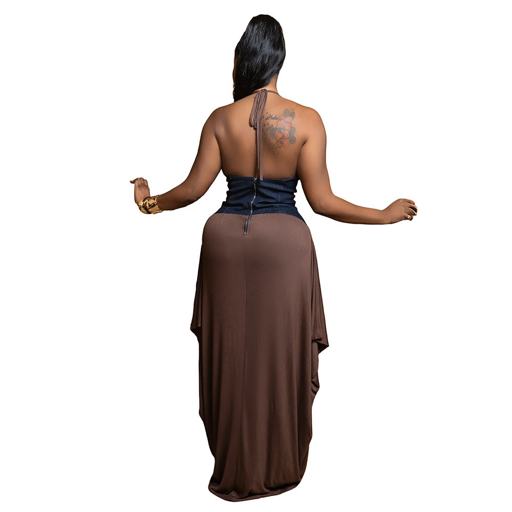 LADIES V-NECK LONG DRESS WHITE / BROWN (SIZE S - 2XL)