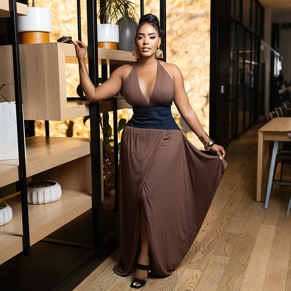 LADIES V-NECK LONG DRESS WHITE / BROWN (SIZE S - 2XL)