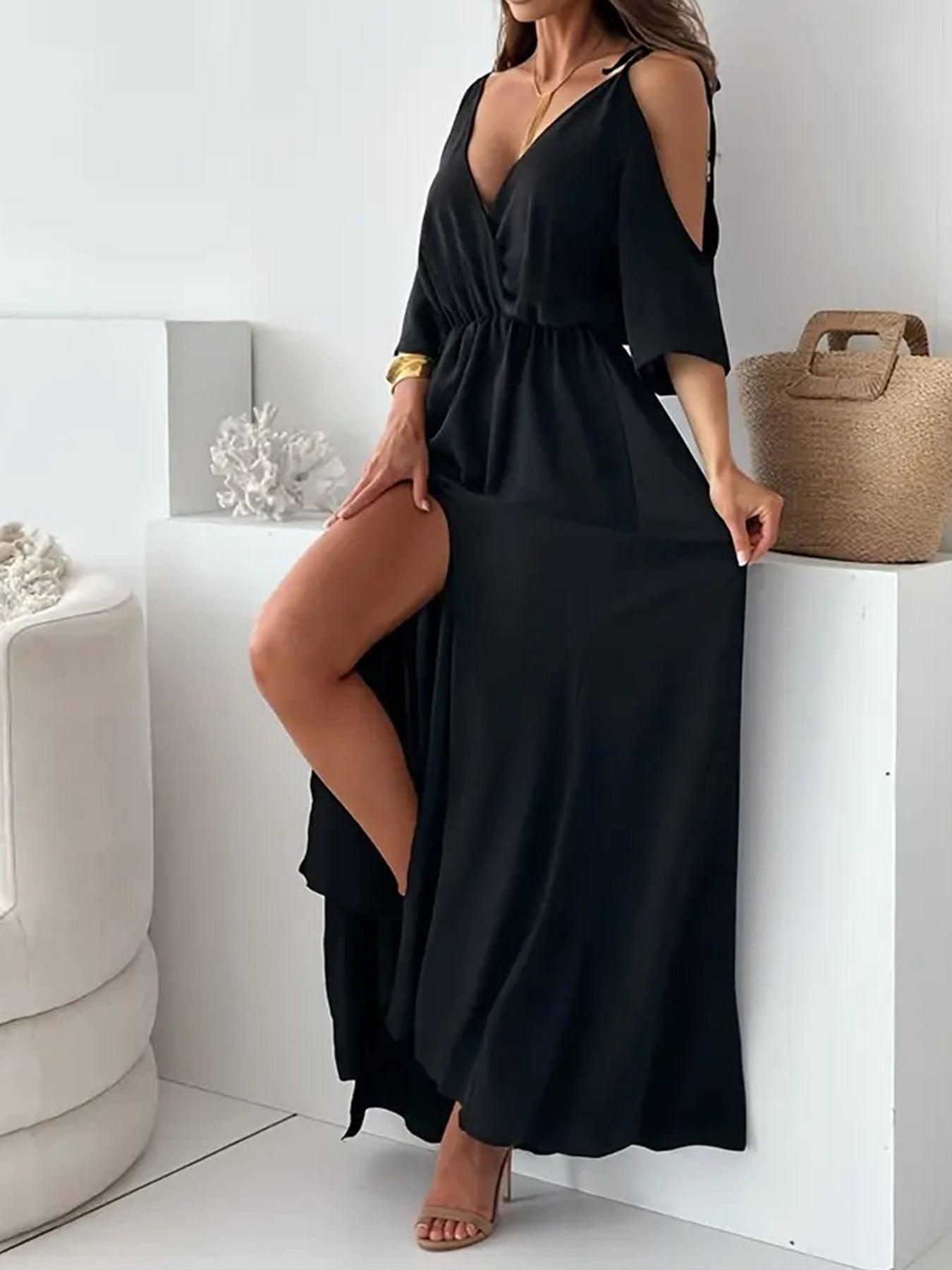 LADIES PLUS SIZE CUT OUT SLEEVE LONG DRESS BLACK (SIZE XL - 4XL)
