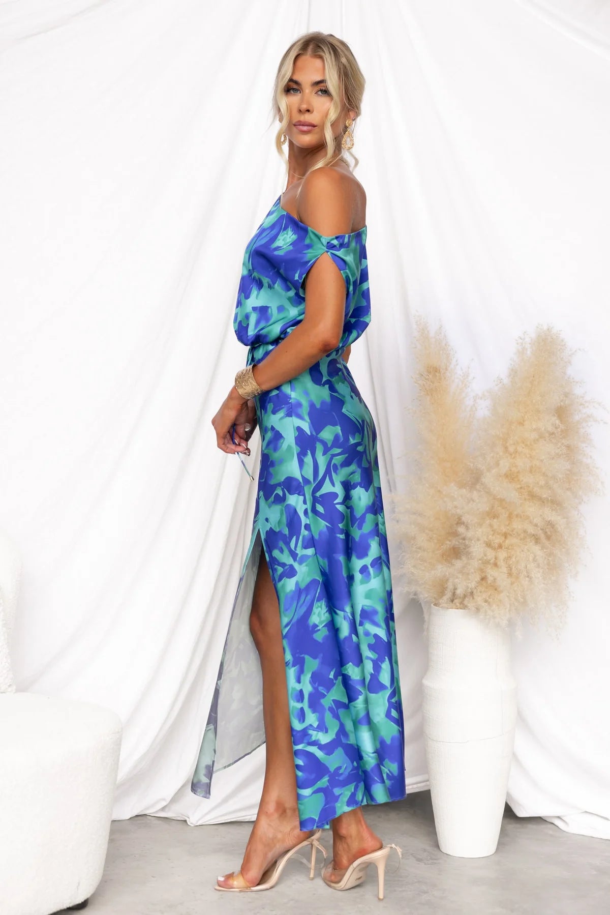 LADIES OFF THE SHOULDER DRESS LIGHT BLUE / BLUE / PINK (SIZE S - XL)