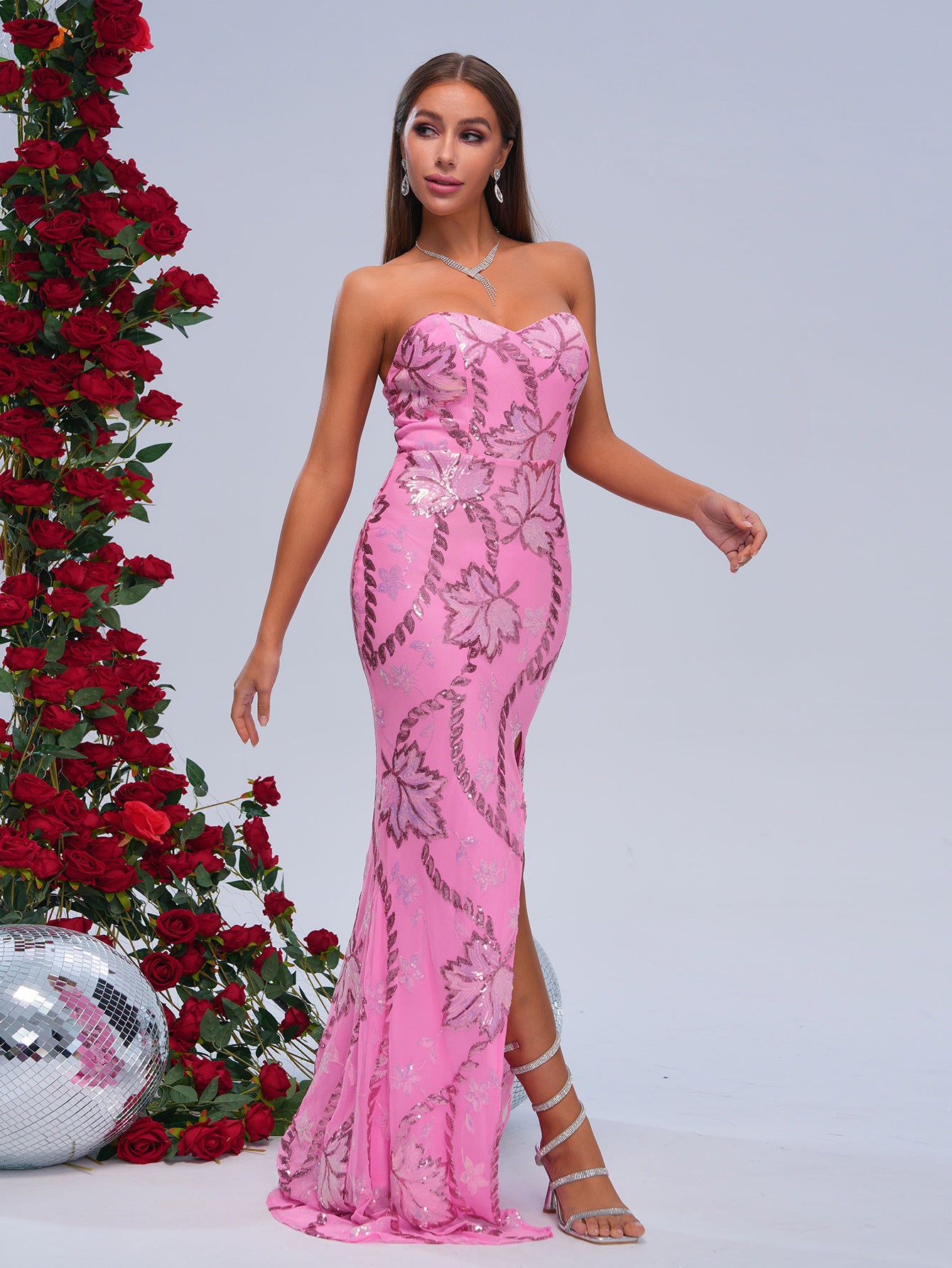 LADIES LONG STRAPLESS EVENING / PARTY DRESS WITH SLIT PINK (SIZE S - XL)