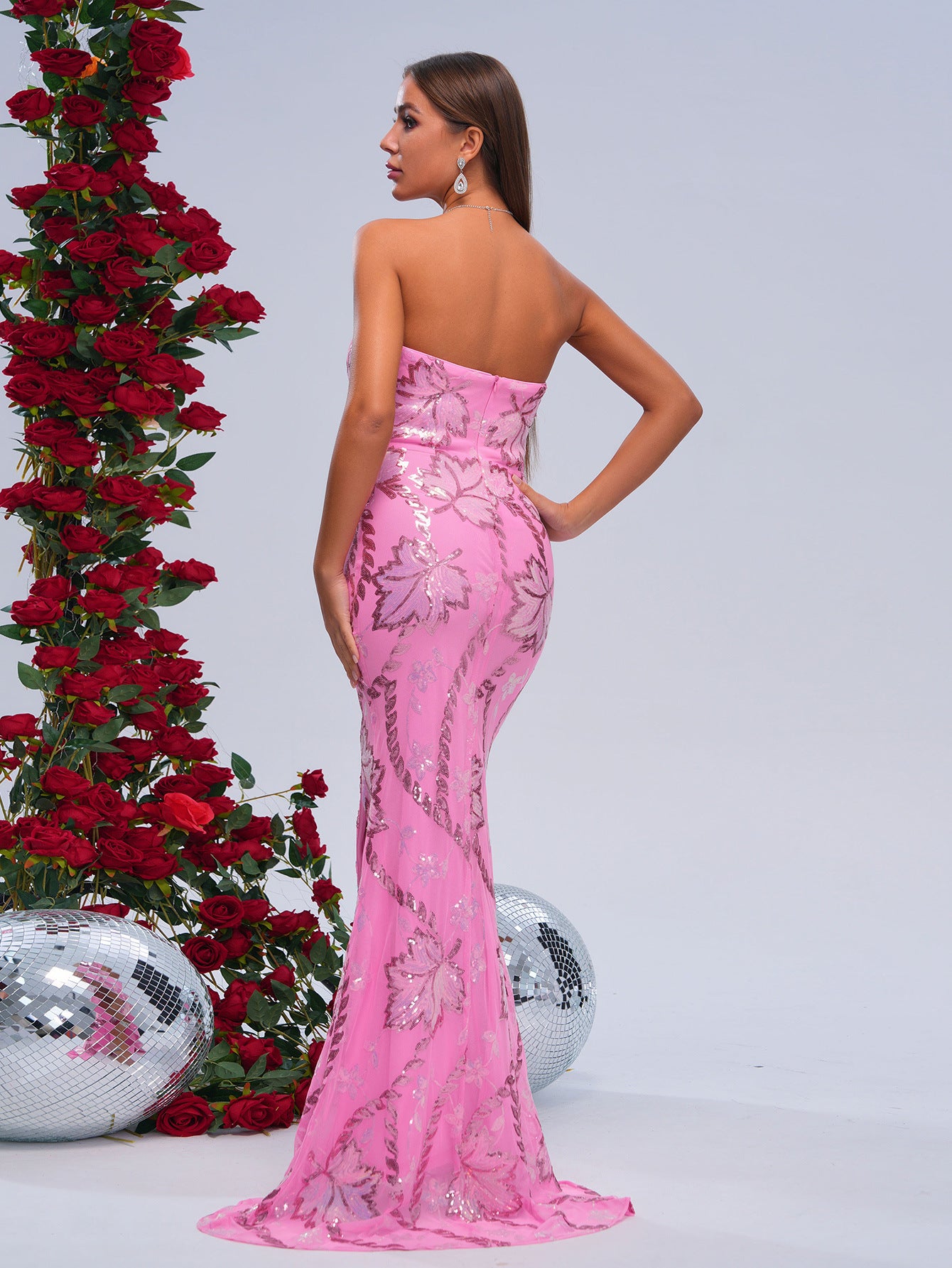 LADIES LONG STRAPLESS EVENING / PARTY DRESS WITH SLIT PINK (SIZE S - XL)