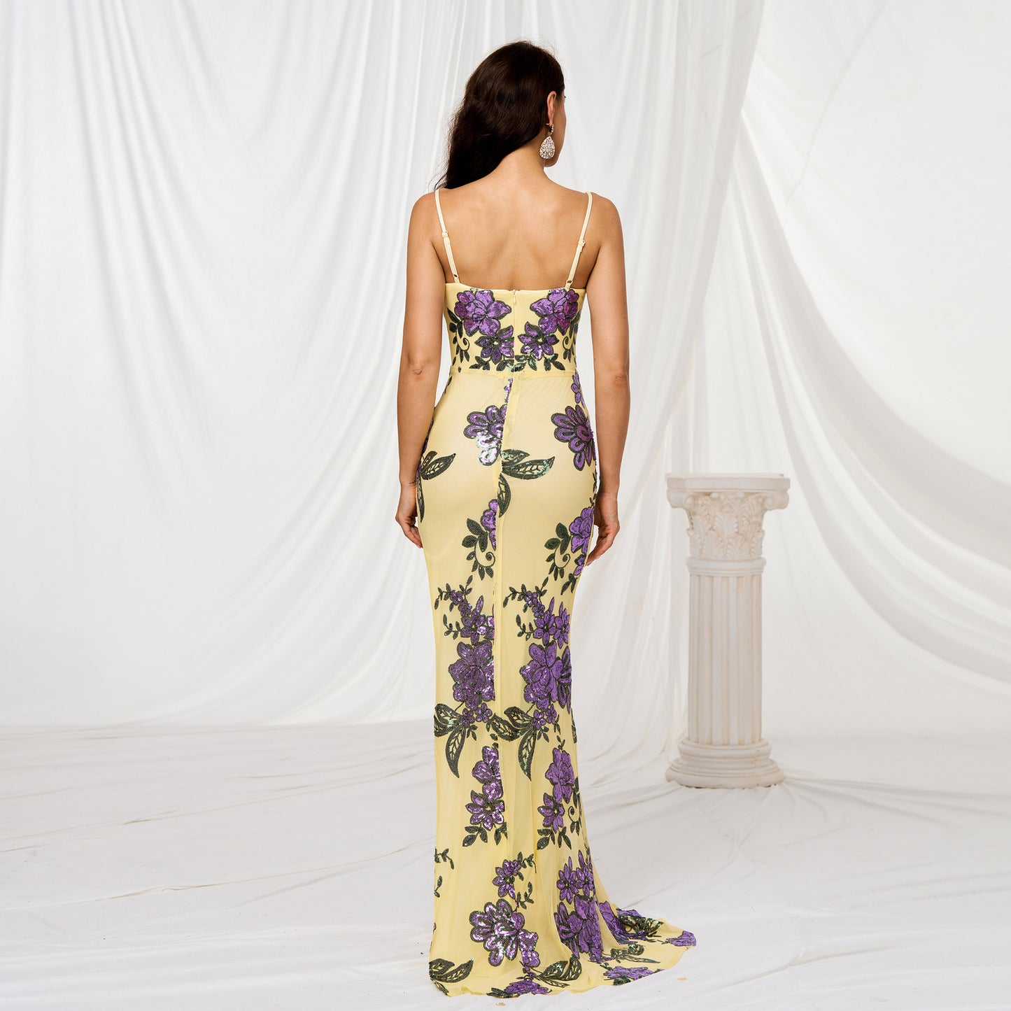 LADIES LONG BODYCON EVENING / PARTY DRESS LIGHT YELLOW (SIZE S - XL)