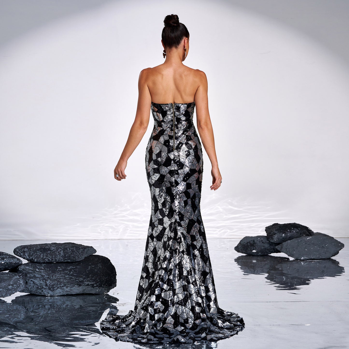 LADIES LONG STRAPLESS BODYCON EVENING / PARTY DRESS BLACK & SILVER (SIZE S - XL)
