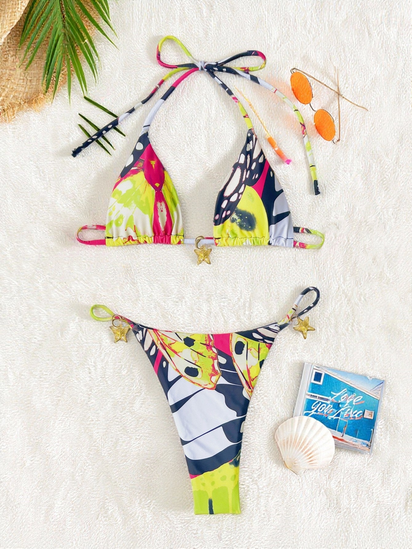 LADIES TWO PIECE BIKINI SWIMWEAR YELLOW MULTI COLOUR (SIZE XS - L)