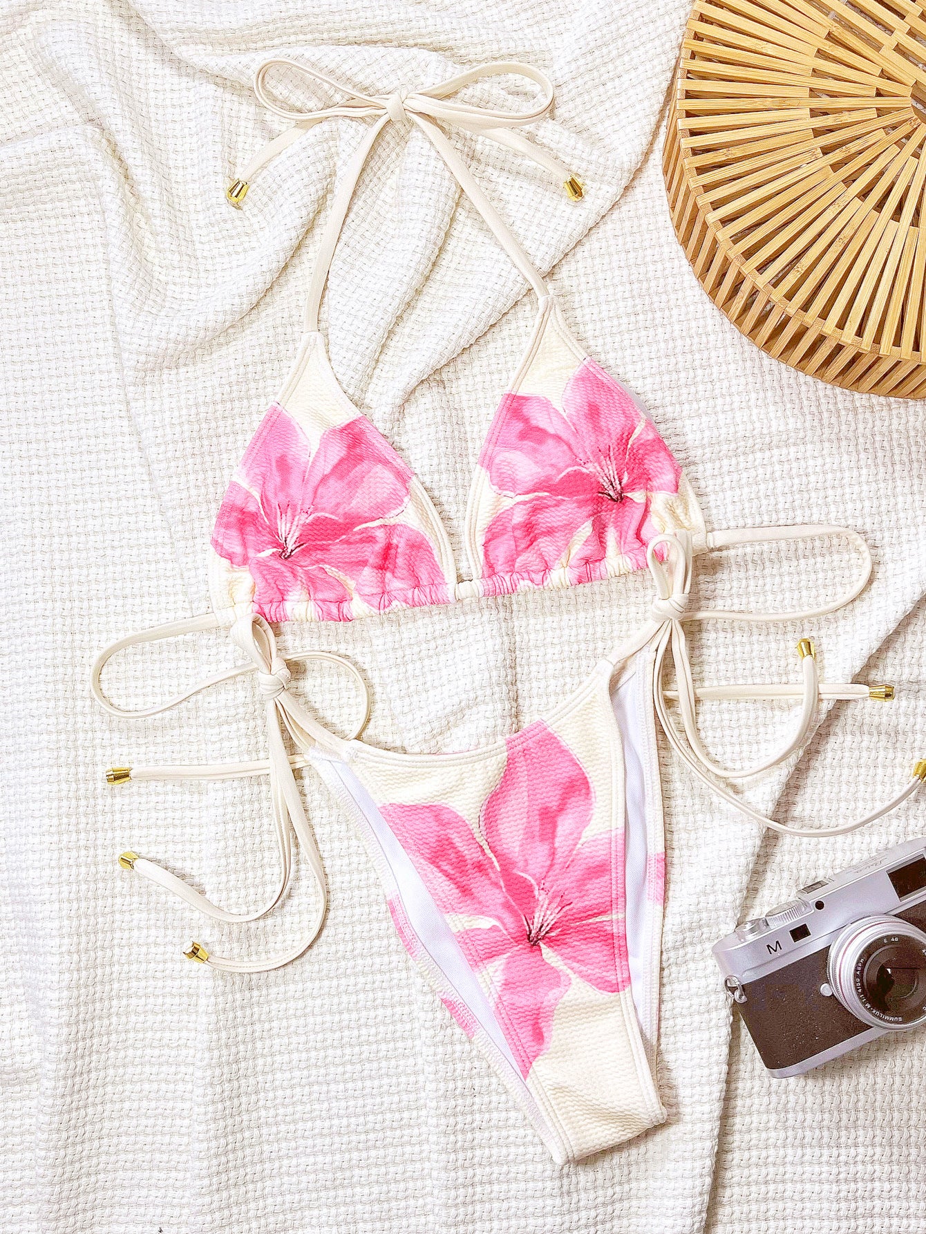LADIES TWO PIECE BIKINI SWIMWEAR WHITE-PINK (SIZE S - L)