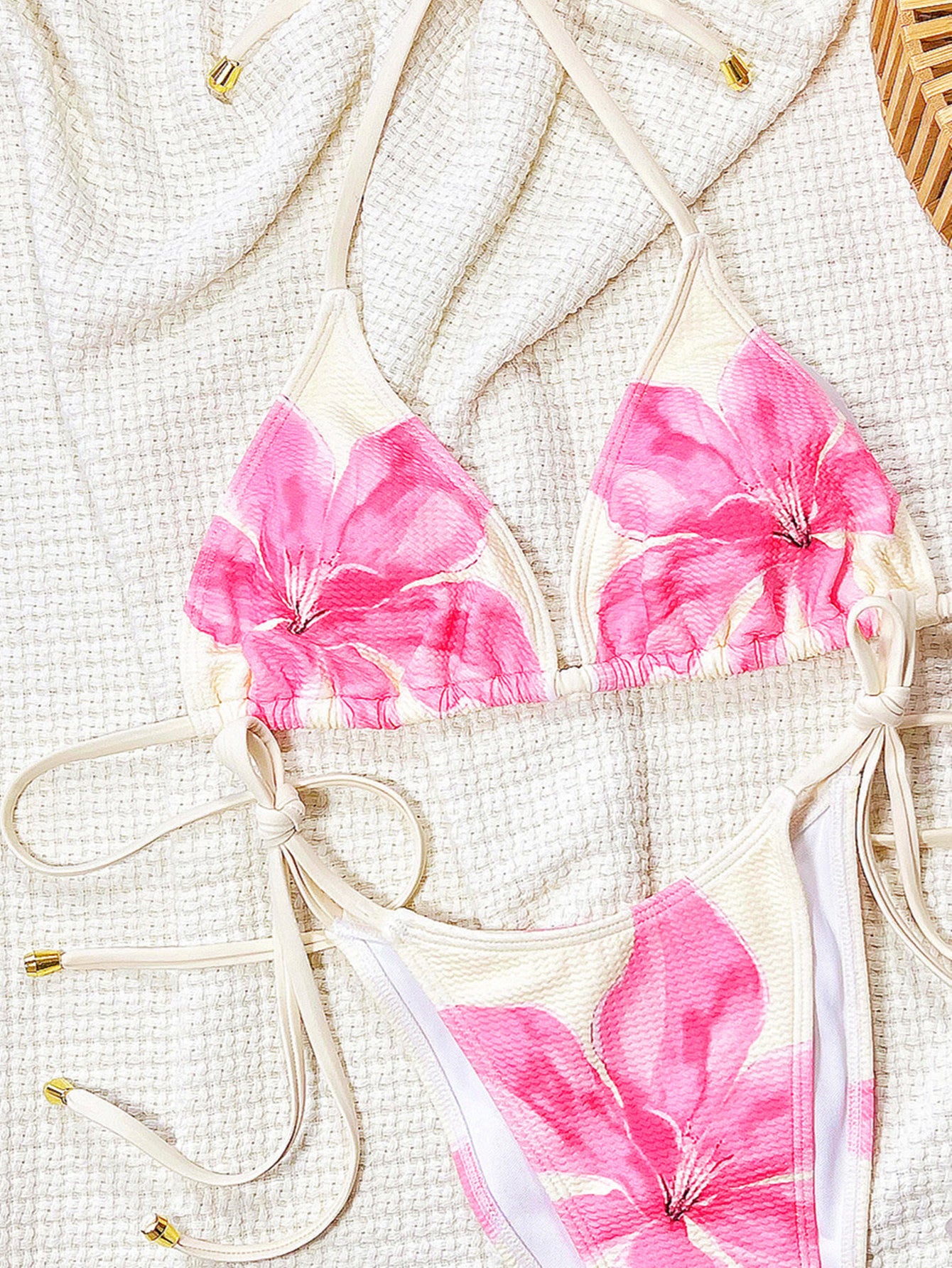 LADIES TWO PIECE BIKINI SWIMWEAR WHITE-PINK (SIZE S - L)