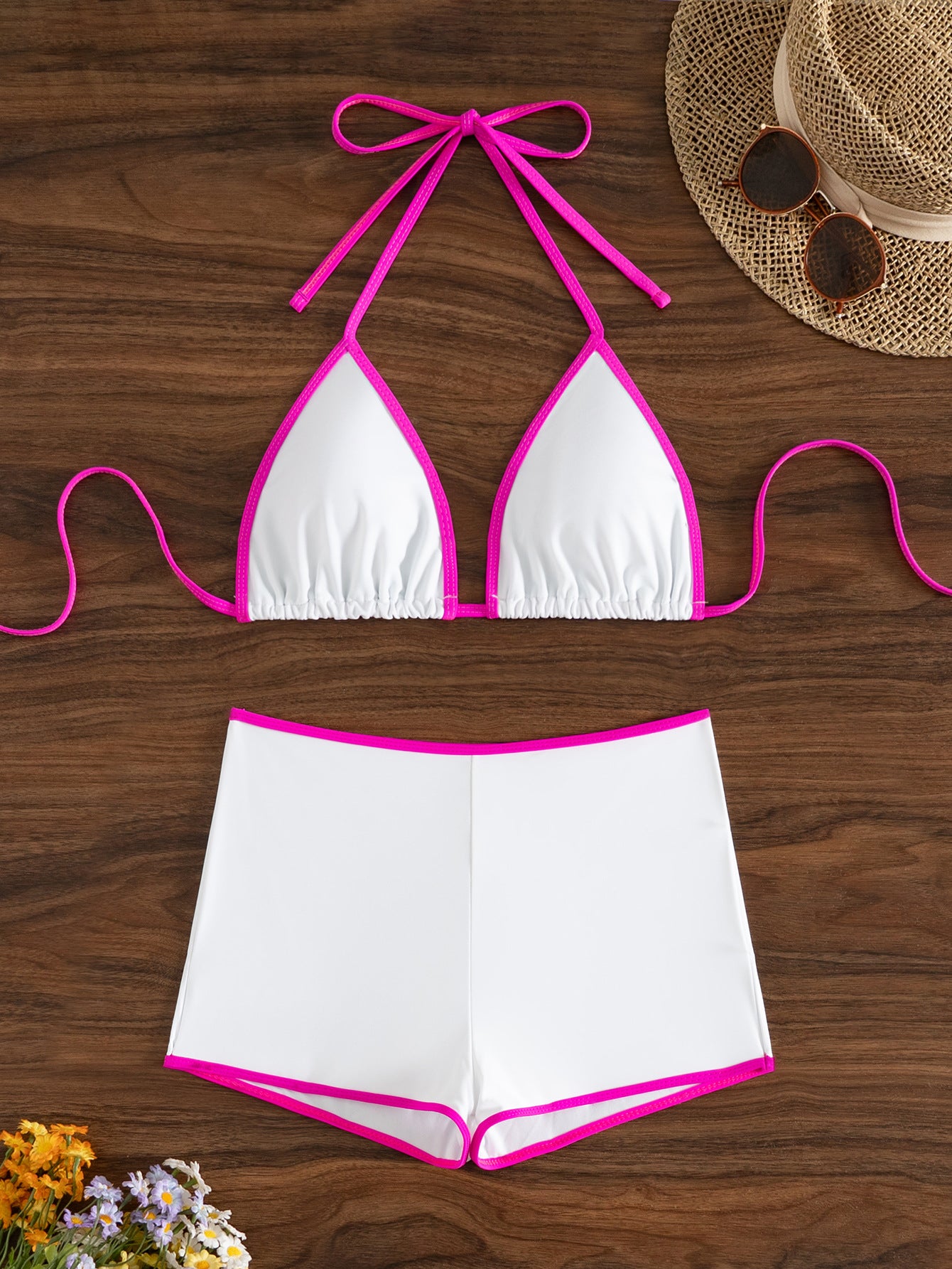 LADIES TWO PIECE BEACHWEAR SWIMWEAR SET WHITE-PINK (SIZE S- L)