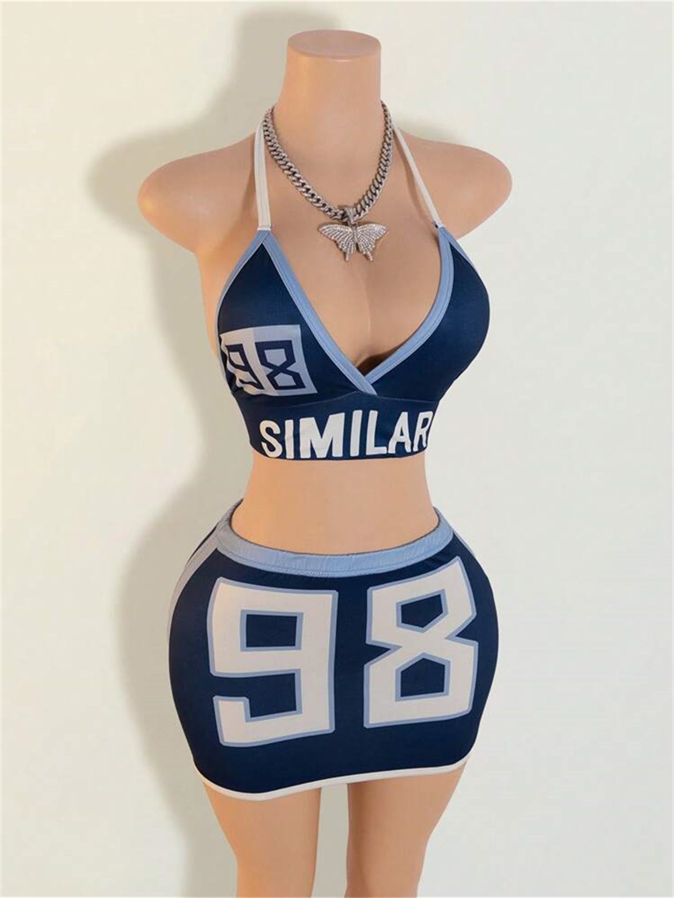 LADIES TWO PIECE BACKLESS TOP & SKIRT SET BLUE (SIZE S - L)