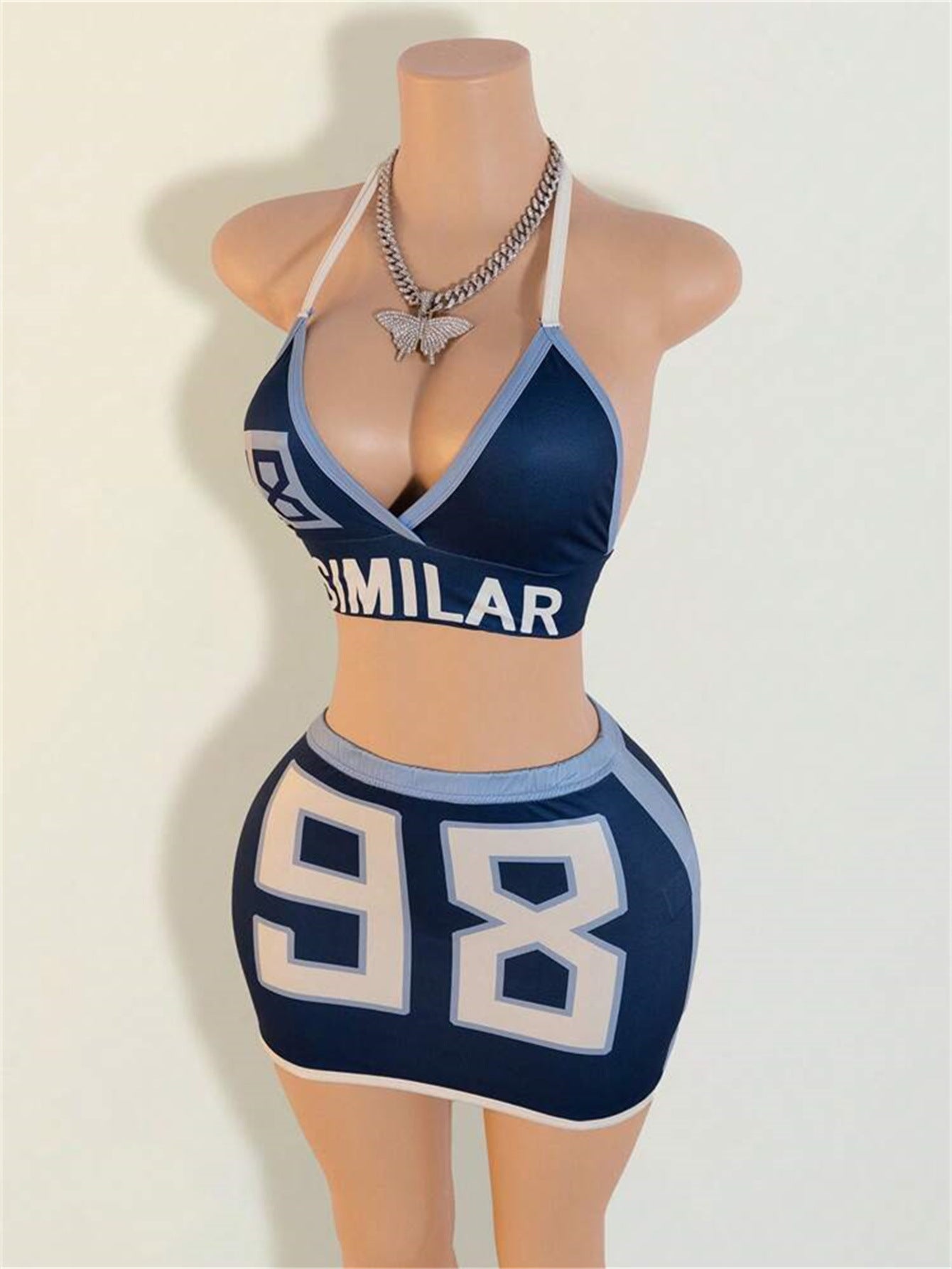 LADIES TWO PIECE BACKLESS TOP & SKIRT SET BLUE (SIZE S - L)