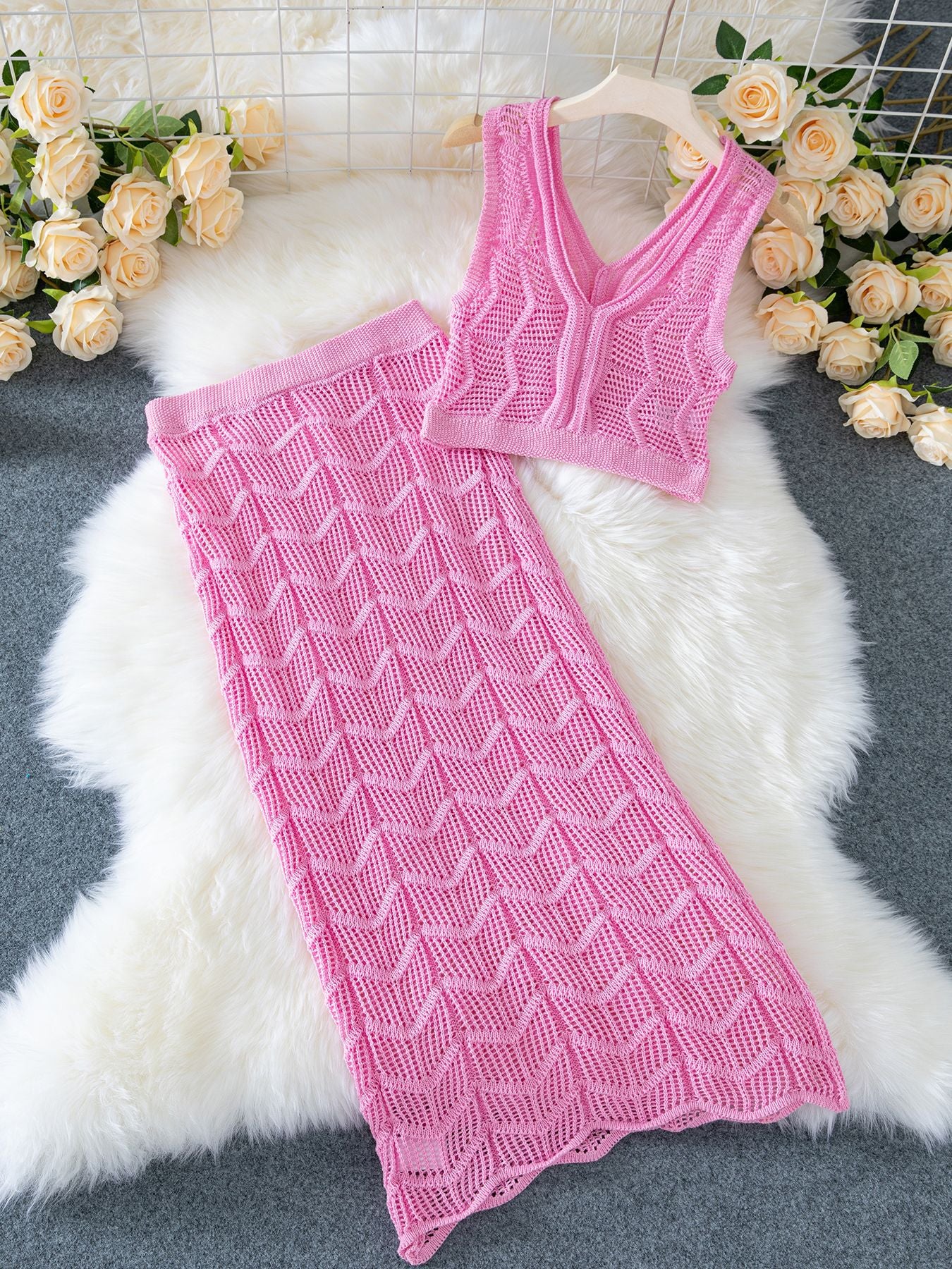 LADIES TWO PIECE TOP & SKIRT SET PINK (SIZE S - XL)