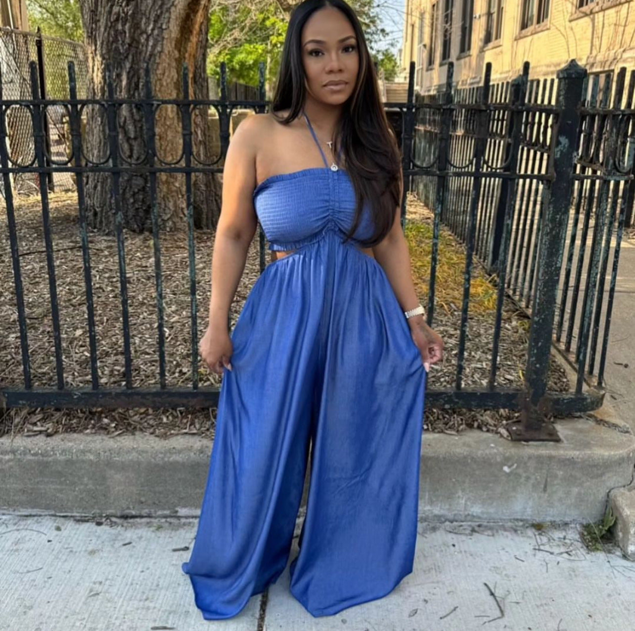 LADIES WIDE LEG JUMPSUIT BLUE (SIZE M - XL)