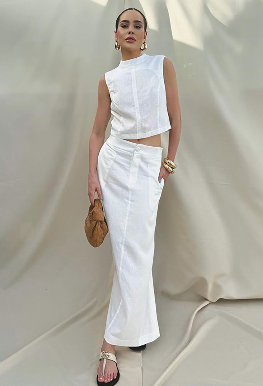 LADIES TWO PIECE TOP & SKIRT SET WHITE (SIZE S - L)