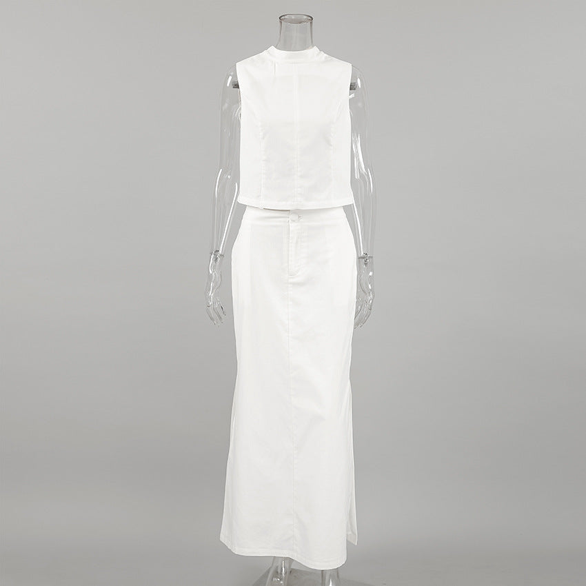 LADIES TWO PIECE TOP & SKIRT SET WHITE (SIZE S - L)