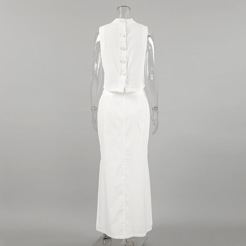 LADIES TWO PIECE TOP & SKIRT SET WHITE (SIZE S - L)