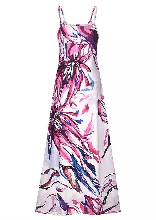 LADIES ROUND NECK LONG DRESS PINK MULTI (SIZE S - 2XL)