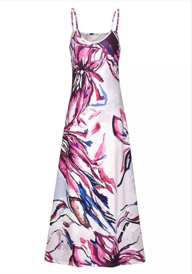 LADIES ROUND NECK LONG DRESS PINK MULTI (SIZE S - 2XL)