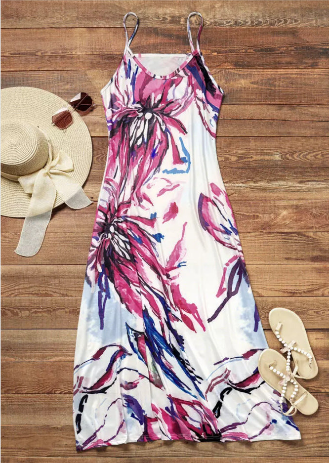 LADIES ROUND NECK LONG DRESS PINK MULTI (SIZE S - 2XL)