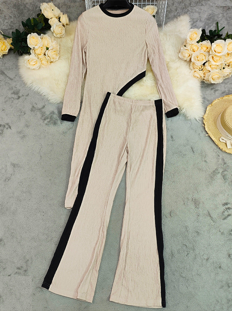 LADIES TWO PIECE LONG SLEEVE TOP & PANTS SET APRICOT-BEIGE (SIZE S - XL)