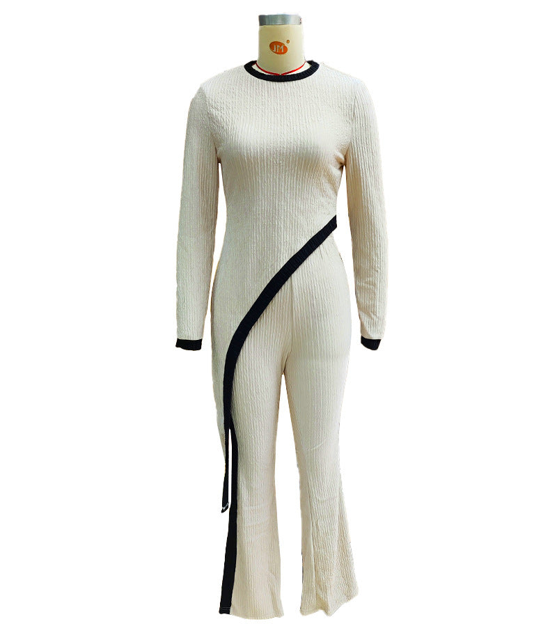 LADIES TWO PIECE LONG SLEEVE TOP & PANTS SET APRICOT-BEIGE (SIZE S - XL)