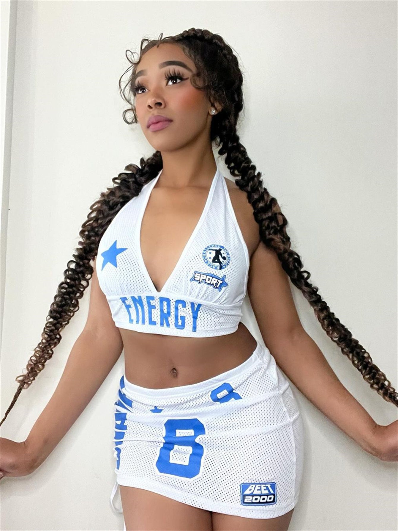 LADIES HALTERNECK TOP & SKIRT SET WHITE-BLUE (SIZE S - L)