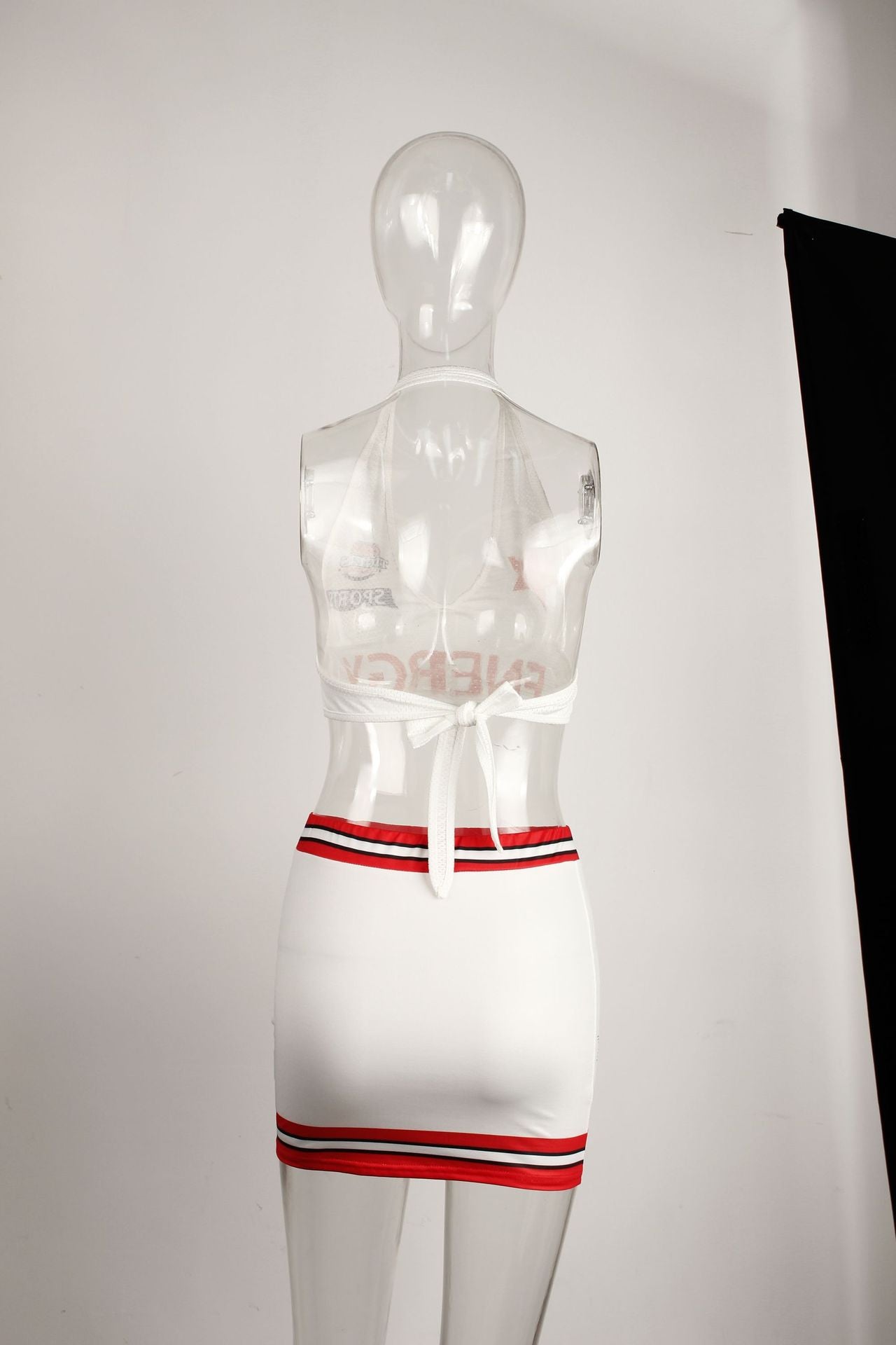 LADIES TWO PIECE HALTERNECK TOP & SKIRT SET WHITE-RED / WHITE-ORANGE / WHITE-GREEN (SIZE S - L)