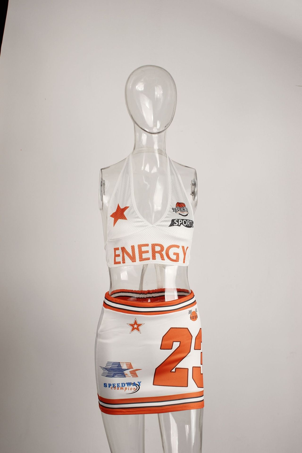LADIES TWO PIECE HALTERNECK TOP & SKIRT SET WHITE-RED / WHITE-ORANGE / WHITE-GREEN (SIZE S - L)