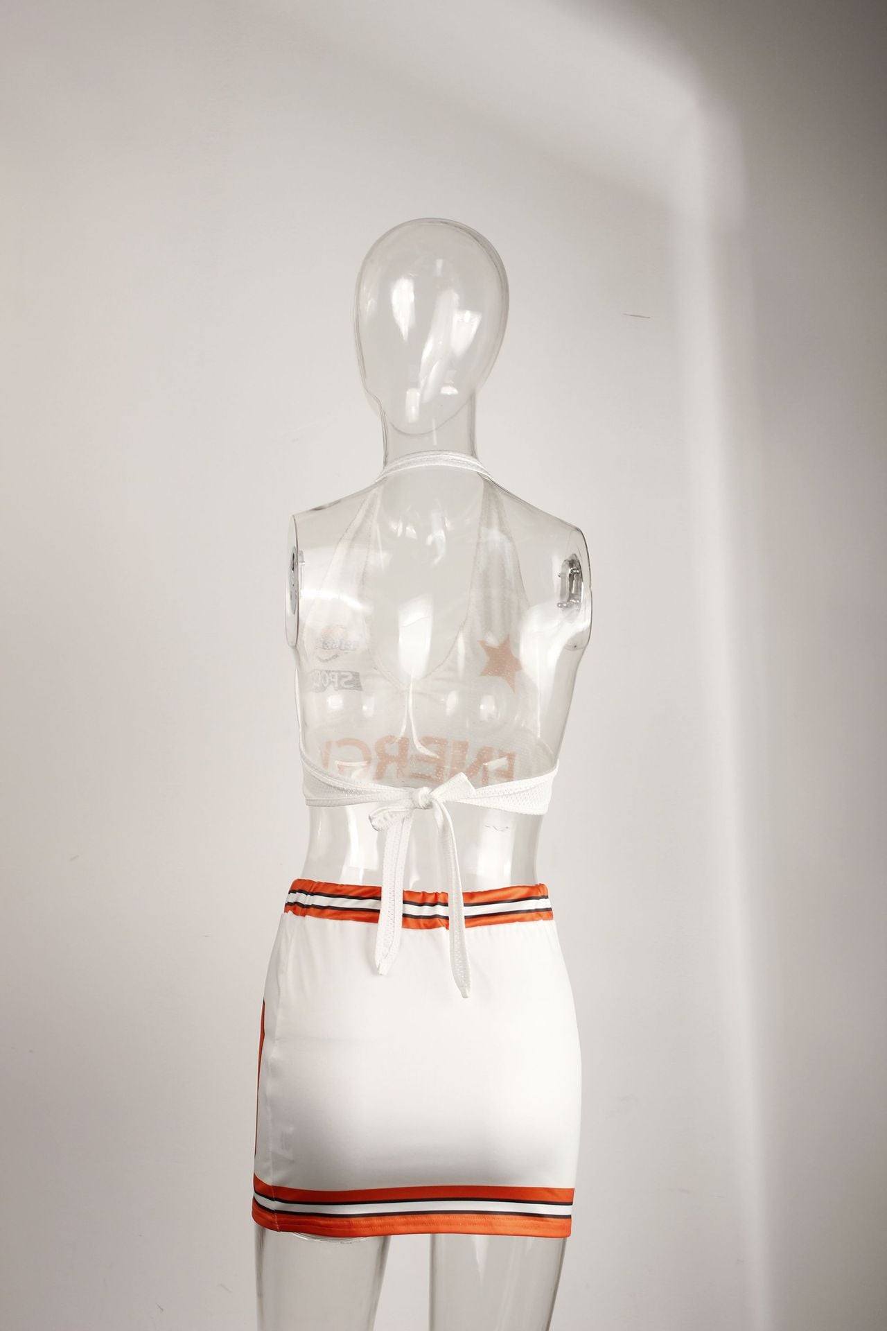 LADIES TWO PIECE HALTERNECK TOP & SKIRT SET WHITE-RED / WHITE-ORANGE / WHITE-GREEN (SIZE S - L)
