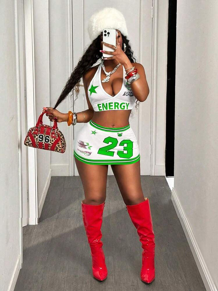 LADIES TWO PIECE HALTERNECK TOP & SKIRT SET WHITE-RED / WHITE-ORANGE / WHITE-GREEN (SIZE S - L)