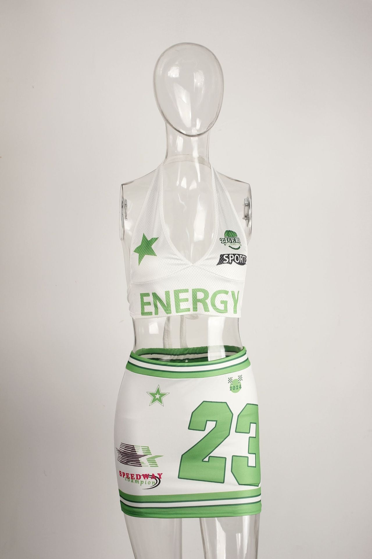 LADIES TWO PIECE HALTERNECK TOP & SKIRT SET WHITE-RED / WHITE-ORANGE / WHITE-GREEN (SIZE S - L)