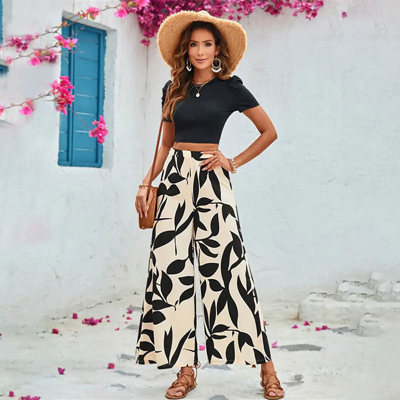 LADIES TWO PIECE SHORT SLEEVE CROPPED T-SHIRT & WIDE LEG PANTS SET BEIGE & BLACK (SIZE S - XL)