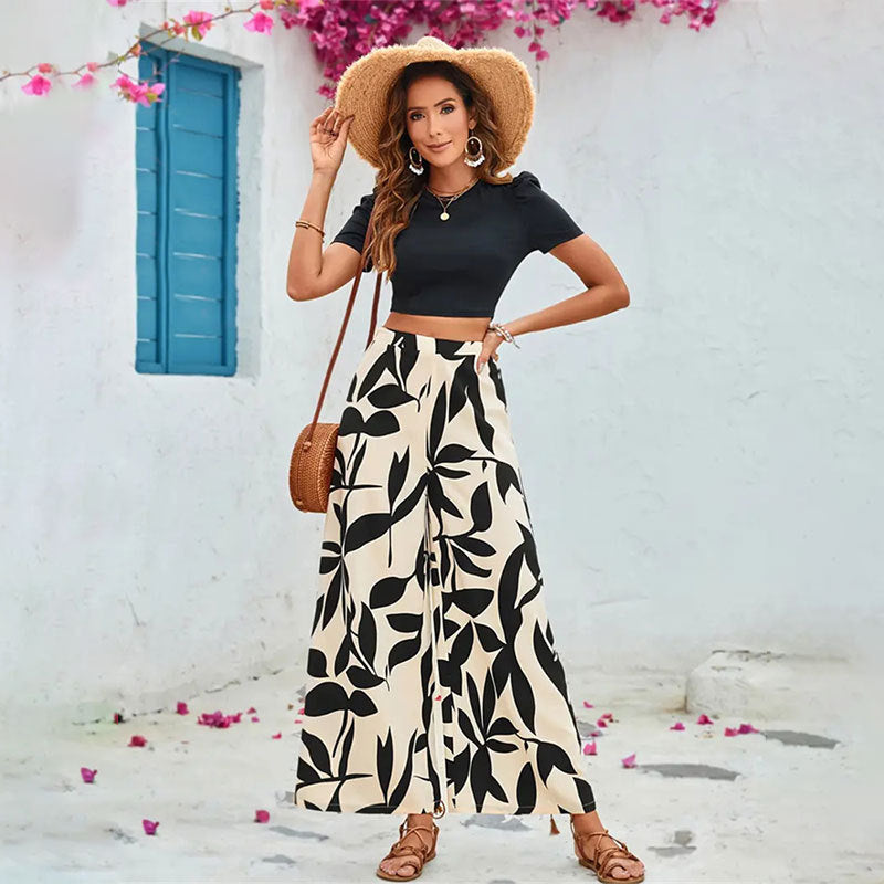LADIES TWO PIECE SHORT SLEEVE CROPPED T-SHIRT & WIDE LEG PANTS SET BEIGE & BLACK (SIZE S - XL)