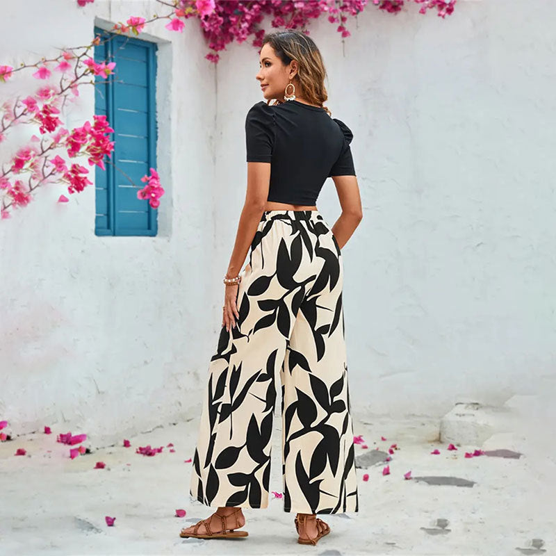 LADIES TWO PIECE SHORT SLEEVE CROPPED T-SHIRT & WIDE LEG PANTS SET BEIGE & BLACK (SIZE S - XL)