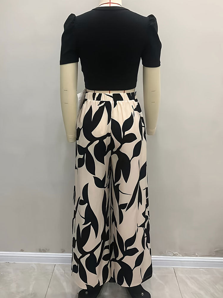 LADIES TWO PIECE SHORT SLEEVE CROPPED T-SHIRT & WIDE LEG PANTS SET BEIGE & BLACK (SIZE S - XL)