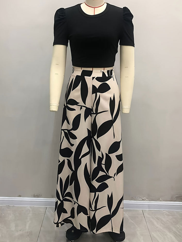 LADIES TWO PIECE SHORT SLEEVE CROPPED T-SHIRT & WIDE LEG PANTS SET BEIGE & BLACK (SIZE S - XL)