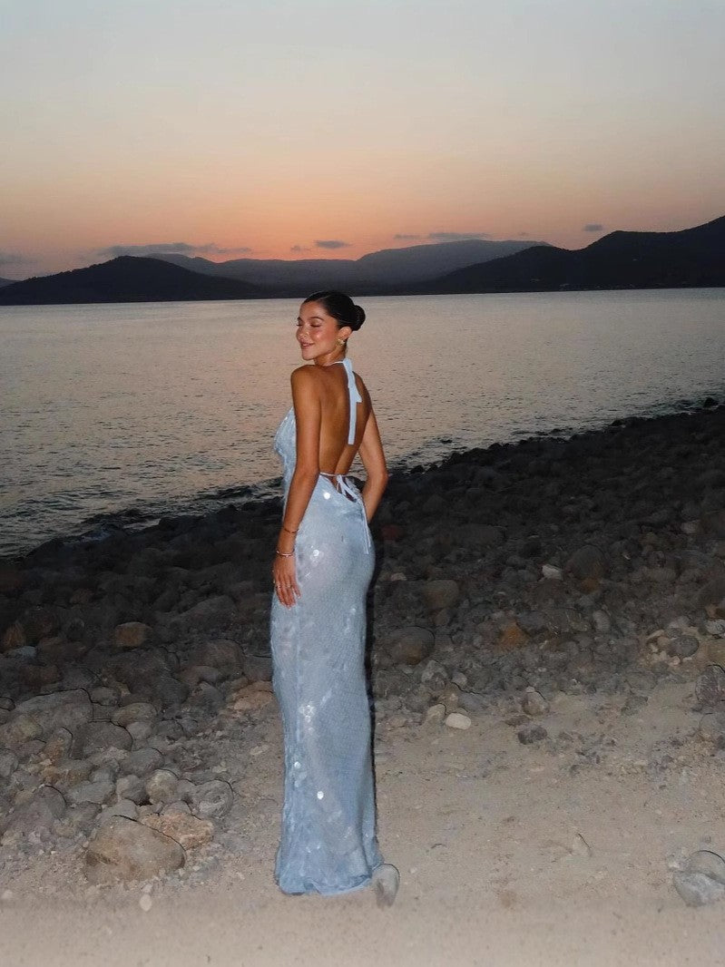 LADIES LOW BACK LONG EVENING / PARTY DRESS BLUE (SIZE S - L)