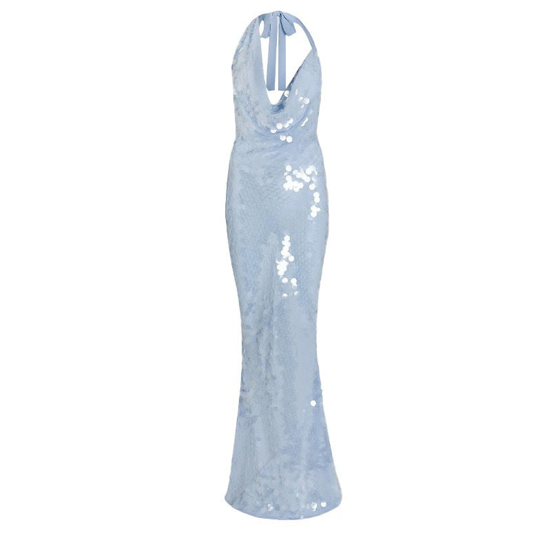 LADIES LOW BACK LONG EVENING / PARTY DRESS BLUE (SIZE S - L)